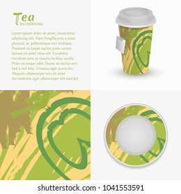 Cardboard paper cup of tea, saucer with modern painting and abstract grunge background, brushstrokes of paint. Take away tea packaging template, isolated elements for coffee shop, restaurant menu
