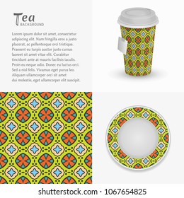 Cardboard paper cup of tea, saucer with ornament and seamless pattern. Take away tea packaging template, isolated design elements for coffee shop, restaurant menu. Realistic vector cup and saucer