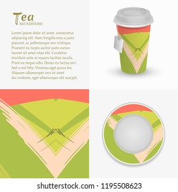 Cardboard paper cup of tea, saucer with modern painting and abstract grunge background, brushstrokes of paint. Take away tea packaging template, isolated elements for coffee shop, restaurant menu