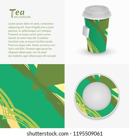 Cardboard paper cup of tea, saucer with modern painting and abstract grunge background, brushstrokes of paint. Take away tea packaging template, isolated elements for coffee shop, restaurant menu