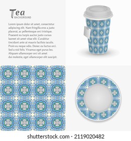 Cardboard paper cup of tea, saucer with ornament and seamless pattern. Take away tea packaging template, isolated design elements for coffee shop, restaurant menu. Realistic vector cup and saucer