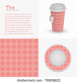 Cardboard paper cup of tea, saucer with ornament and seamless pattern. Take away tea packaging template, isolated design elements for coffee shop, restaurant menu. Realistic vector cup and saucer