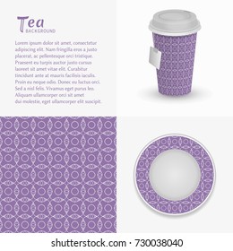 Cardboard paper cup of tea, saucer with ornament and seamless pattern. Take away tea packaging template, isolated design elements for coffee shop, restaurant menu. Realistic vector cup and saucer