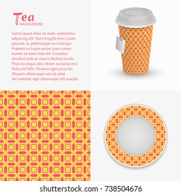 Cardboard paper cup of tea, saucer with ornament and seamless pattern. Take away tea packaging template, isolated design elements for coffee shop, restaurant menu. Realistic vector cup and saucer