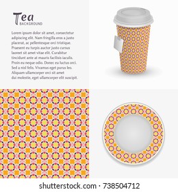 Cardboard paper cup of tea, saucer with ornament and seamless pattern. Take away tea packaging template, isolated design elements for coffee shop, restaurant menu. Realistic vector cup and saucer
