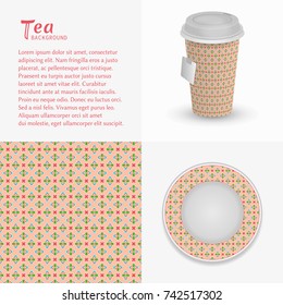 Cardboard paper cup of tea, saucer with ornament and seamless pattern. Take away tea packaging template, isolated design elements for coffee shop, restaurant menu. Realistic vector cup and saucer