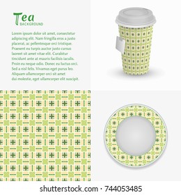 Cardboard paper cup of tea, saucer with ornament and seamless pattern. Take away tea packaging template, isolated design elements for coffee shop, restaurant menu. Realistic vector cup and saucer