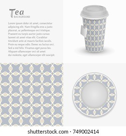 Cardboard paper cup of tea, saucer with ornament and seamless pattern. Take away tea packaging template, isolated design elements for coffee shop, restaurant menu. Realistic vector cup and saucer