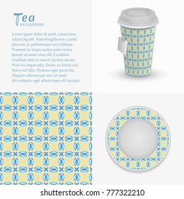 Cardboard paper cup of tea, saucer with ornament and seamless pattern. Take away tea packaging template, isolated design elements for coffee shop, restaurant menu. Realistic vector cup and saucer