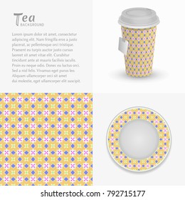 Cardboard paper cup of tea, saucer with ornament and seamless pattern. Take away tea packaging template, isolated design elements for coffee shop, restaurant menu. Realistic vector cup and saucer