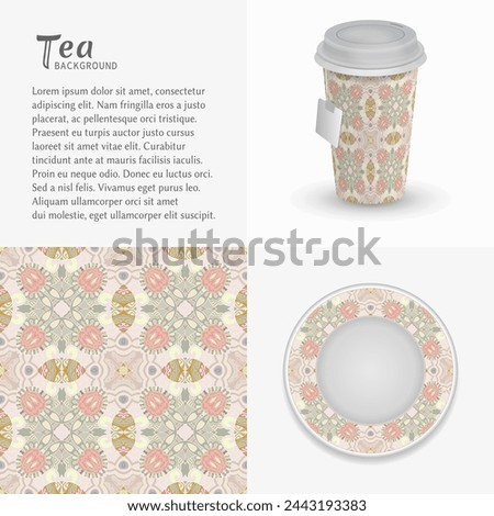 Cardboard paper cup of tea, saucer with modern painting and abstract grunge background, brushstrokes of paint. Take away tea packaging template, isolated elements for coffee shop, restaurant menu