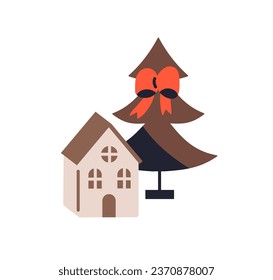 Casa de papel de cartón y árbol de abetos. Juguete de madera en casa y abeto de Navidad. Navidad y decoraciones de Año Nuevo. Decoración acogedora de bricolaje para las vacaciones de invierno. Ilustración vectorial plana aislada en fondo blanco