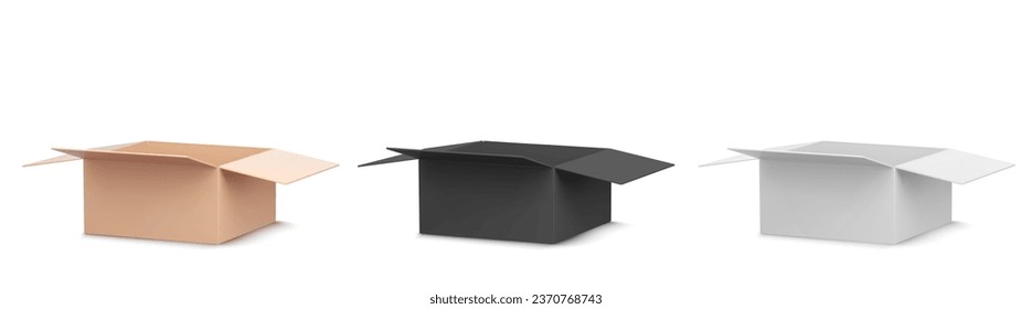 Pappkarton für die Lieferung Vektorsymbol. 3d Einzelkarton, weißer, schwarz-brauner Papierbehälter, Set. Realistische Darstellung von einfachen Blindproben für Kuriervertrieb in Farbe