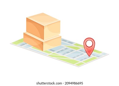 Cardboard parcel box and map with location pin. Parcel delivery service technology vector illustration