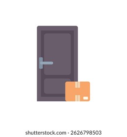 Cardboard parcel box is standing near a door, illustrating a home delivery service
