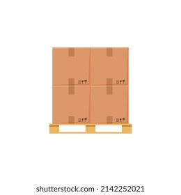 Cajas de paquetes de cartón apiladas en una cartón de madera plana ilustración vectorial aislada en fondo blanco. Contenedores de cartón en almacén o servicio de envío.