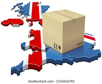 Cardboard parcel placed on the 3D map of the United Kingdom in the colors of the British flag (cut out)