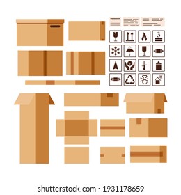 Cardboard parcels box creator with packaging and information sings isolated on white background. Closed and open front, top, side view delivery post package set flat design cartoon vector illustration