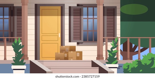 Cardboard parcels on the porch of a house. Doorstep delivery concept. Flat vector illustration. 