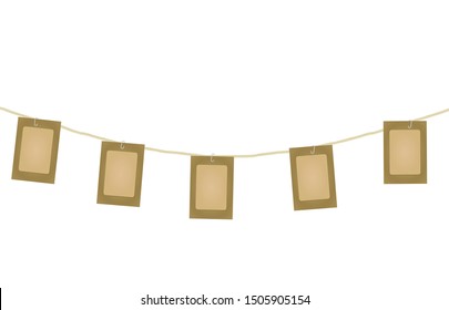Cardboard photo frames on rope. vector illustration
