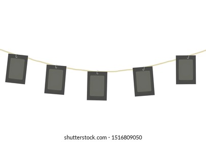 Cardboard photo frames on rope. vector illustration