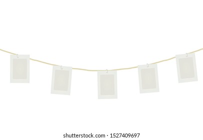 Cardboard photo frames on rope. vector illustration