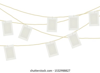 Cardboard photo frames on rope. vector illustration