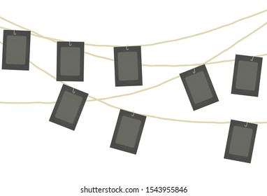 Cardboard photo frames on rope. vector illustration