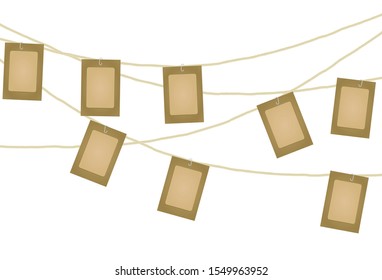 Cardboard photo frames on rope. vector illustration