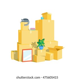 Cardboard Pile Boxes Set. Cartoon Moving Home Concept. Flat Design Style. Vector illustration of random Box in a Stack, Delivery Pile of stacked House Goods in Moving Boxes