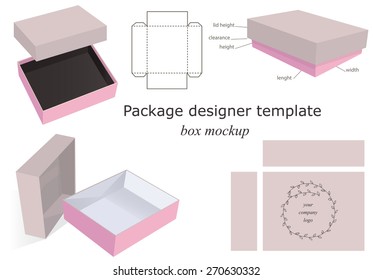 Cardboard and Pink Package Mockup Box, opened, closed, template, front and side layout. Isolated on White Background Ready For Your Design. Product package Vector EPS10