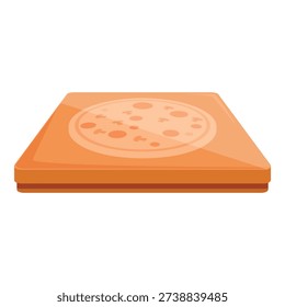 Cardboard pizza box with appetizing pizza image printed on top, suggesting a takeaway or delivery service