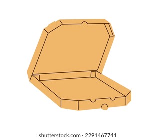 Caja de pizza de cartón. Paquete de cartón vacío de pizzería. Contenedor abierto de entrega, envase limpio cuadrado para comida italiana para llevar. Ilustración vectorial plana aislada en fondo blanco