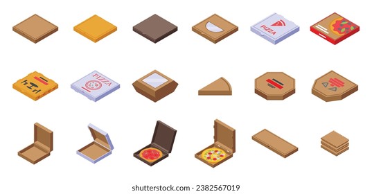 Cardboard pizza box icons set isometric vector. Open empty package. Carton food print