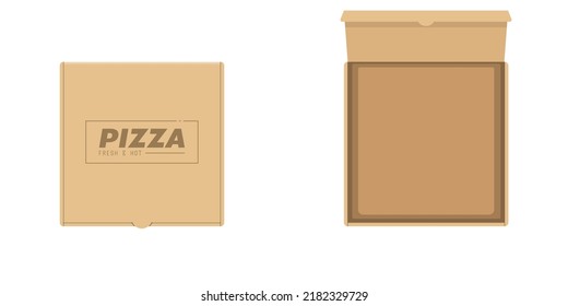 Cardboard pizza box. Opened and closed box with shadows and text. Pizza empty container template. Pizzeria packaging vector illustration. 