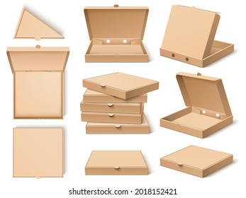 Cardboard pizza box. Realistic craft paper food packing template, open, closed, different viewing angles, single objects, stacks. Delivery craft square packaging vector set