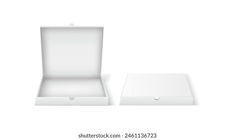 Cardboard pizza boxes with design template realistic vector illustration set. Food packages for advertisement 3d objects on white background