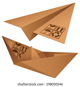 Cardboard plane and ship.