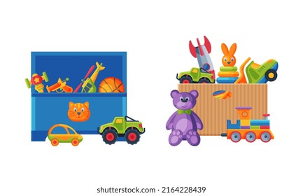 Cardboard and plastic box full of toys set. Colorful toys for kids cartoon vector illustration