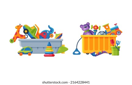 Cardboard and plastic box full of toys set. Elephant, ball, truck, pyramid, car, train colorful toys for kids cartoon vector illustration