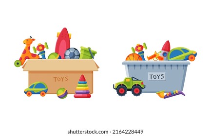 Cardboard and plastic box full of toys set. Rocket, ball, pyramid, car, skateboard colorful toys for kids cartoon vector illustration