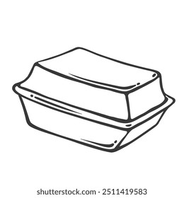 Cardboard or plastic closed box for takeaway food line icon. Outline fastfood restaurant styrofoam container with cap. Delivery, storage mascot, hand drawn lunch foam box icon vector illustration