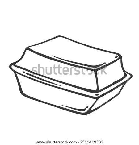 Cardboard or plastic closed box for takeaway food line icon. Outline fastfood restaurant styrofoam container with cap. Delivery, storage mascot, hand drawn lunch foam box icon vector illustration