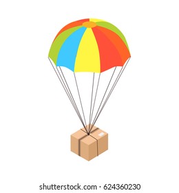 Cardboard post box goes down attached to small colorful parachute isolated on white background. E commerce advertising vector illustration. Fast and safe delivery of purchases from Internet shop.