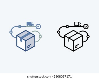 A cardboard postal box connected to a circular transportation tracking map detailing delivery points and an outline counterpart.
