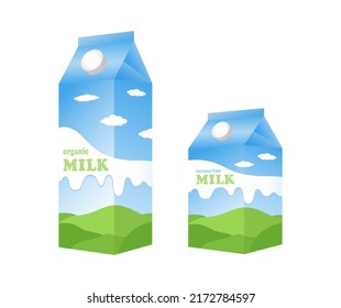 Cardboard rectangular high and small milk box packaging with pattern of meadows, sky and clouds and inscription, vector illustration on white background