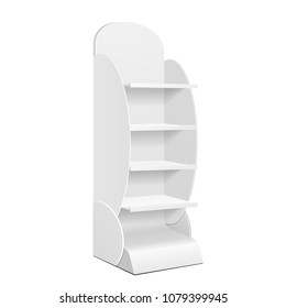 Cardboard Retail Shelves Floor Display Rack For Supermarket Blank Empty. Mock Up. 3D On White Background Isolated. Ready For Your Design. Product Advertising. Vector EPS10