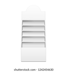Cardboard Retail Shelves Floor Display Rack For Supermarket Blank Empty. Mock Up. 3D On White Background Isolated. Ready For Your Design. Product Advertising. Vector EPS10