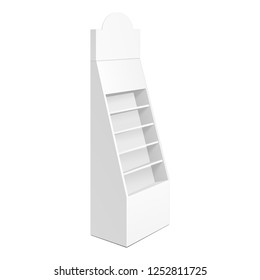 Cardboard Retail Shelves Floor Display Rack For Supermarket Blank Empty. Mock Up. 3D On White Background Isolated. Ready For Your Design. Product Advertising. Vector EPS10