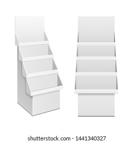 Cardboard Retail Shelves Floor Display Rack For Supermarket Blank Empty. Mock Up. 3D On White Background Isolated. Ready For Your Design. Product Advertising. Vector EPS10